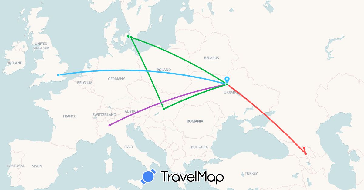 TravelMap itinerary: driving, bus, train, hiking, boat in Denmark, United Kingdom, Georgia, Hungary, Italy, Sweden, Ukraine (Asia, Europe)