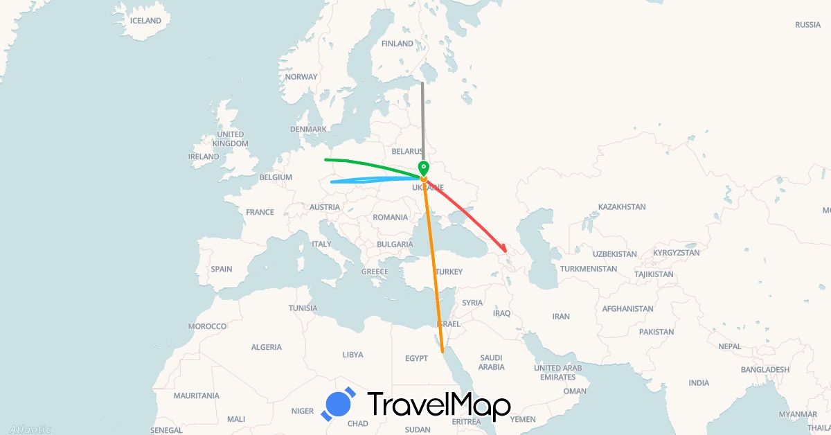 TravelMap itinerary: bus, plane, hiking, boat, hitchhiking in Czech Republic, Germany, Egypt, Georgia, Poland, Russia, Ukraine (Africa, Asia, Europe)