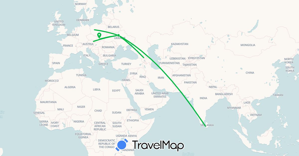 TravelMap itinerary: driving, bus in Austria, Georgia, Sri Lanka, Poland, Slovakia, Ukraine (Asia, Europe)